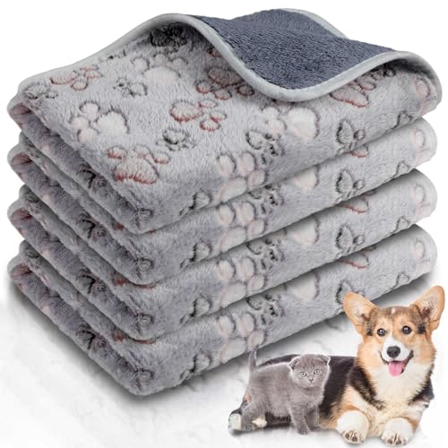 Panelee 4 Pcs Waterproof Dog Puppy Pee Pads Soft Cat Blankets Dog Sleep Mat Absorbent Pet Blanket Paw Pattern Whelping Warm Fleece Puppy Potty Training Pads Reusable (Gray,24 x 16 Inch) - color: Gray