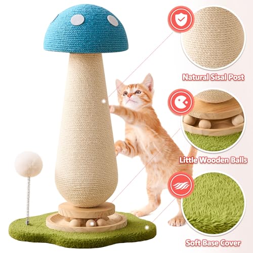Mushroom Cat Scratching Post Cat Tree, 21.5‘’ H Cute Cat Scratcher Tower with Durable Solid Wood Turntable Toy, Mushroom Scratch Post Cat Sisal Scratcher with Catnip for Indoor Adult Cats-Blue - color: Blue Mushroom