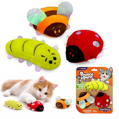 Pounce & Purr® Plush Cat Toys, Catnip & Silvervine Infused, Shiny Iridescent Accents, Interactive Play Toys for Cats & Kittens (Backyard Buggin' Series) - color: Backyard Buggin'