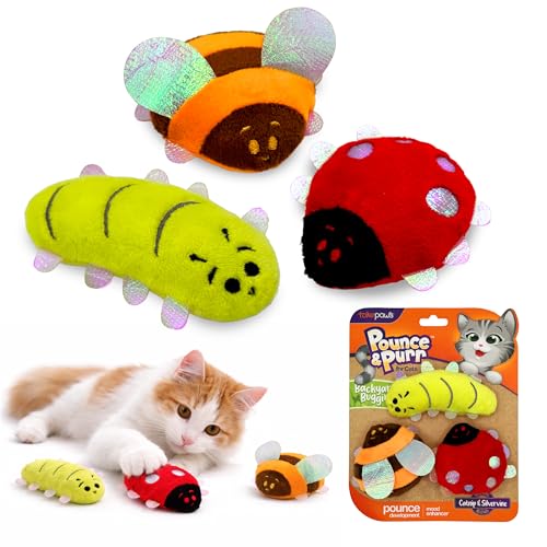 Pounce & Purr® Plush Cat Toys, Catnip & Silvervine Infused, Shiny Iridescent Accents, Interactive Play Toys for Cats & Kittens (Backyard Buggin' Series) - color: Backyard Buggin'