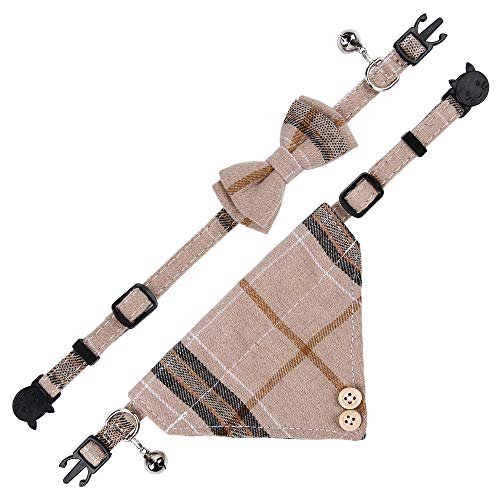 Faleela Breakaway Cat Collar with Bells - 2 Pack Cat Collar with Bells, Cat Collars with Bandana, Accessories for Pet Collars, Adjustable for Cats and Small Dogs - color: Brown bow+bandana