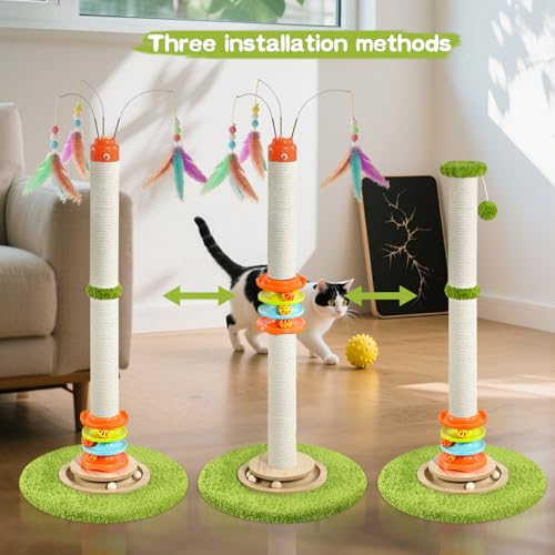 YARUOMY Cat Scratching Post，40'' Tall Cat Scratcher Tree Cat Toys for Indoor Cats with Cat Toys 4-Tier Roller Track，Automatically Rotating cat Teaser Wand，Hanging Balls for Kittens Adults Cats