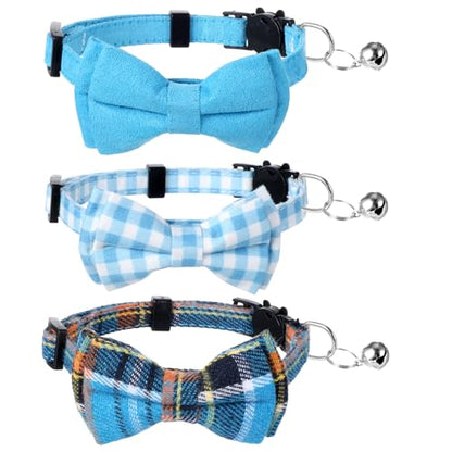3pcs Bow Tie Cat Collar with Bells, Breakaway Bowtie Plaid Cat Collar, Soft Adjustable Bow Cats Collars for Kitten Puppy and Small Pets - color: blue
