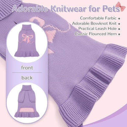 Bowknot Dog Sweater Dress for Small Dogs Girl, Stretchy Pet Sweaters Pullover Coats, Fall Winter Warm Dog Turtleneck Sweater (Purple, L) - color: Purple, size: Large (15-22lbs)