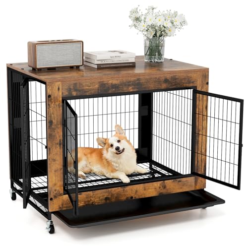 PETSITE Portable Dog Crate Furniture, 38 Inch Wooden Dog Kennel Side Table with Flip-up Top, 3 Lockable Doors and Removable Tray, Ideal for Small to Medium Dogs (Rustic Brown) - color: Rustic Brown