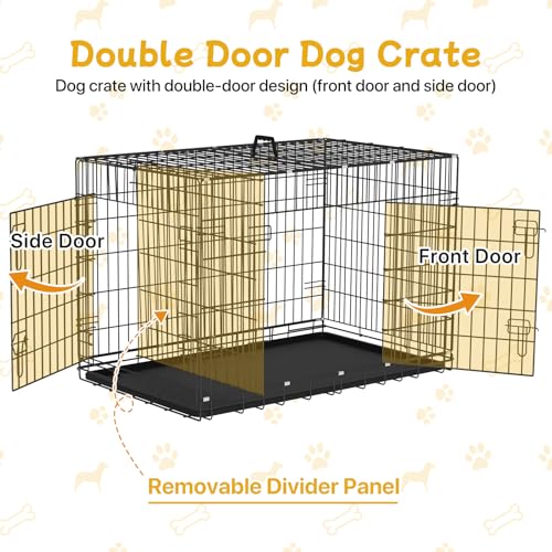 48 Inch Large Dog Crate, Wire Metal Dog Kennel with Double-Door, Divider & Leak-Proof Tray, Indoor Outdoor Foldable Travel Cage for Medium, Large Dogs