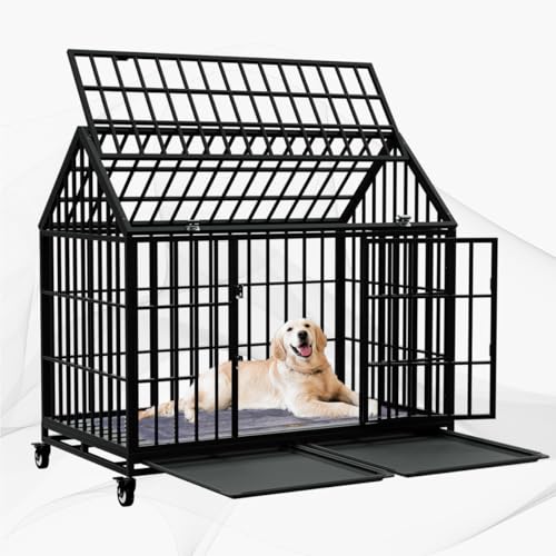 Snuowu 54/48 Inch Heavy Duty Dog Crate Large Dog cage Strong Metal Dog Kennels and Crates for Large Dogs Top Open with Wheels 2 Removable Trays - size: 47.2"L x 28.9"W x 45.5"H