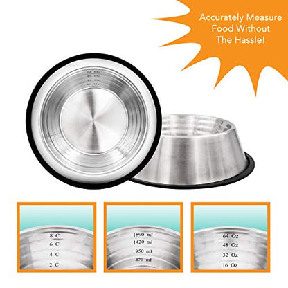 Fuzzy Puppy Non-Tip Dog Bowl with Rubber Base, Built-in Measurements, Won't Slip, Skid or Tip, Stainless Steel, 64oz (NTD-64) - size: 64 oz