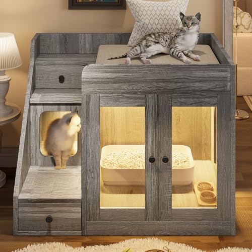 Merax Cat Litter Box Enclosure Furniture with Light,Hideaway Litter Box Furniture with 2 Storage Drawers for Living Room,Gray - color: Grey