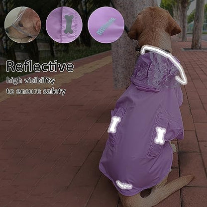 Waterproof Dog Raincoat, Adjustable Reflective Lightweight Pet Rain Clothes with Poncho Hood(Large, Light Purple) - color: Light Purple, size: Large(22-37lb)