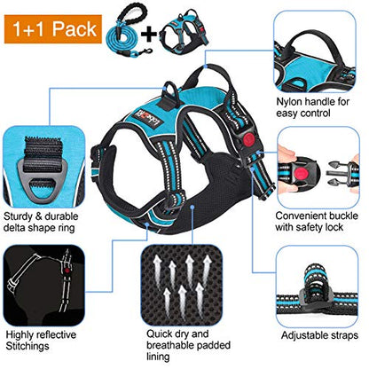 tobeDRI No Pull Dog Harness Adjustable Reflective Oxford Easy Control Medium Large Dog Harness with A Free Heavy Duty 5ft Dog Leash - color: Blue Harness+Leash, size: Large