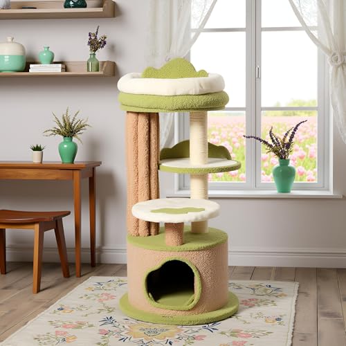 KAMABOKO 42.5" Cute Cat Tree, Green Cat Tree for Indoor Cats, Aesthetic Cat Tower with Teddy Fleece, Cats Condo, Unique Cat Furniture for Small Space - Perfect for Your Feline Pal - size: 42.5''H