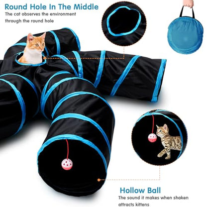Poen 21 Pcs Cat Tunnel for Indoor Set Collapsible 5 Way Tubes with 20 Pcs Cat Kitten Toys Interactive Feather Toy Mouse Crinkle Balls Tube for Puppy Kitten Rabbit(Blue Black) - color: Blue Black