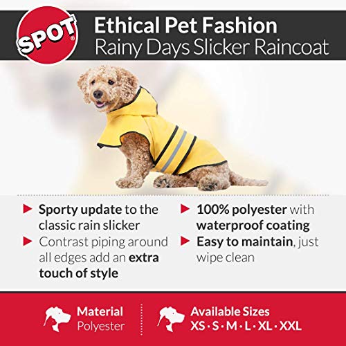 SPOT Rainy Days Slicker - Yellow Dog Rain Jacket With Hood, Reflective Strip for Safety, Leash Hole & Adjustable Velcro Belly Strap, 100% Polyester Water Resistant Pet Raincoat - Large, 17in Long - size: Large