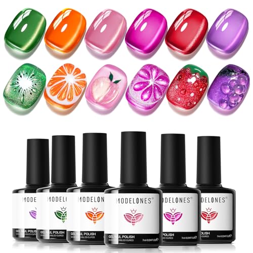 modelones Cat Eye Gel Nail Polish Set, 6 Colors Orange Neon Galaxy Hot Pink Grape Purple Red Green 9D Cat Eye Glitter Gel Polish with Magnet LGBT Fruit Theme Soak Off Led DIY Gift Unisex - color: A A A2-Fruit Cat Eye