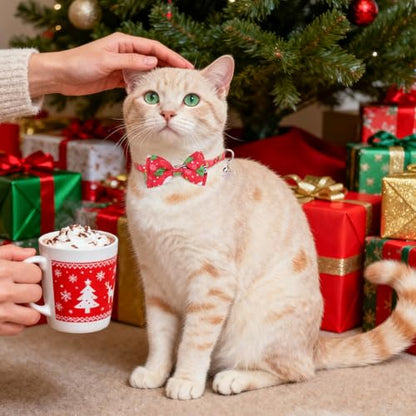 SCENEREAL Christmas Cat Bandana Collar with Bell Bowtie - 2 Pack Breakaway Kitten Collars, Adjustable Cute Pet Accessories for Cats and Small Dogs - color: Bandanas & Bow (Christmas Print)
