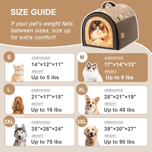Jiupety Indoor Dog House, 2 in 1 Portable Foldable House Bed with Cover, Pet Tent & Cave Bed for Cats and Small Dogs, M(17"×14"×13"), Up to 9 Lb, Brown - style: M
