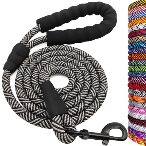 Heavy Duty Rope Dog Leash, 3/4/5/6/7/8/10/12/15/20/30 FT Nylon Pet Leash, Soft Padded Handle Thick Lead Leashes for Large Medium Dogs (Black, 1/2" * 4') - color: black, size: 1/2" * 4'