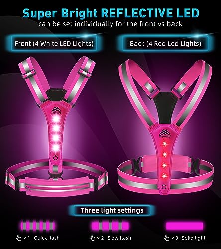 Topward LED Reflective Vest Running Gear, USB-C Rechargeable, Light Up Lights for Night Dog Walking Cycling, Running Phone Holder Vest for Runners, High Visibility with Adjustable Waist/Shoulder - color: pink