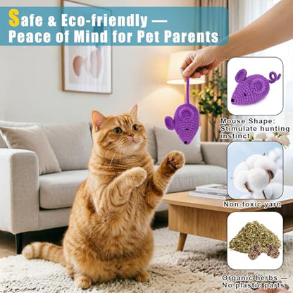 Retro Shaw Catnip Toys Crochet Mouse 6 Pcs - 100% Natural Catnip & Silvervine Blend Yarn Cat Nip Mice, Durable Hand-Knitted Teething Chew Toy for Indoor Cats & Kittens, Interactive Play & Dental Care - style: Mouse-6