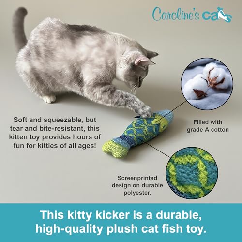 Caroline's Cats Refillable Catnip Pouch Cat Kicker Toys with Crinkle Sound Inside, Interactive Fish Toy for Cats, Plush Indoor Cat Nip Kitty Kick Sticks, Comfort Pillow for Kittens, 9.5 Inches
