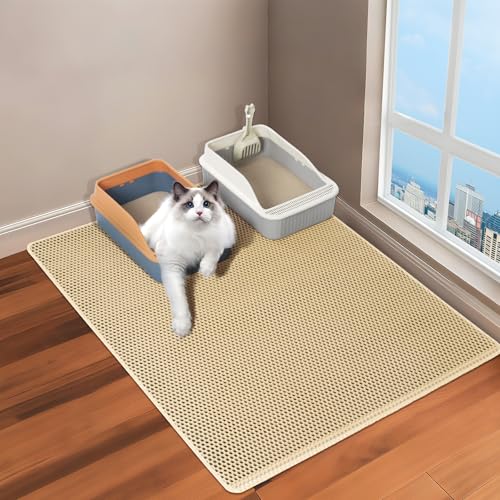 GRELY XL 47 x 28 Extra Large Double Layer Cat Litter Mat, Kitty Box Mat, Waterproof Urine Proof Non-Slip Cats Rug for Pet,Litter Trapping Mat - color: Khaki XL 47"x28"