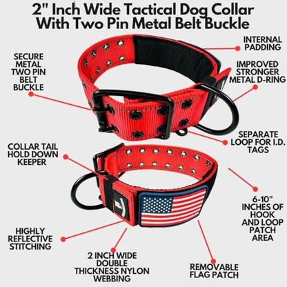 Tactical Dog Collar 2 Inch Wide Heavy Duty with Metal 2-Pin Belt Buckle for Medium, Large & XL Dogs, Thick Military-Style K9 Collar, Reflective, with Name Plate Area, USA Flag Patch, Strong & Durable - color: RED, size: 12-20 inches