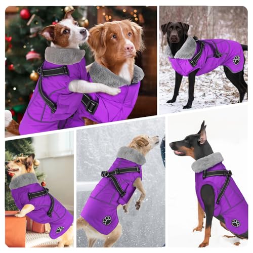 Dog Jacket Waterproof Dog Coat with Harness Built in, Christmas Puppy Winter Coat Reflective Turtleneck Puffer Snow Jackets for Small Medium Large Dogs - color: Purple, size: Small