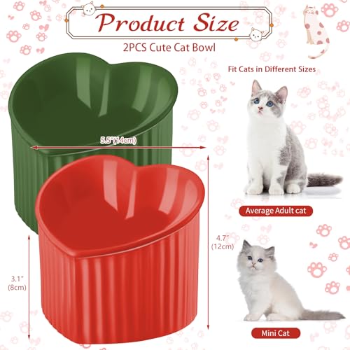 Mumufy 2 Pcs Ceramic Elevated Cat Bowls Tilted Elevated Raised Pet Bowls Anti Vomit Cat Dish for Indoor Stress Free Water Dish Feeder for Puppies, Heart Shaped (Red, Green) - color: Red, Green