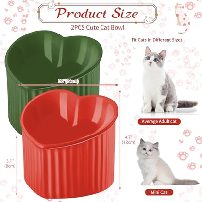 Mumufy 2 Pcs Ceramic Elevated Cat Bowls Tilted Elevated Raised Pet Bowls Anti Vomit Cat Dish for Indoor Stress Free Water Dish Feeder for Puppies, Heart Shaped (Red, Green) - color: Red, Green