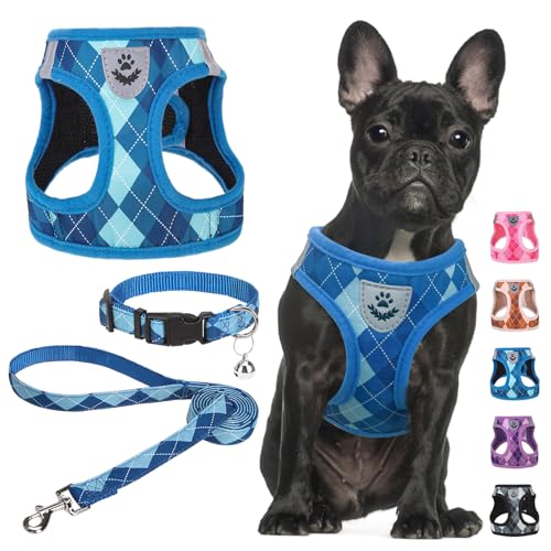 SCENEREAL Small Dog Harness and Leash Collar Set, Step in No Pull Soft Mesh Dog Harnesses for Small Medium Sized Dogs Puppy and Cats Outdoor Walking, No Chock Reflective Vest Harness, Blue Plaid M - color: Blue, size: M: Chest Girth: 16"-18"