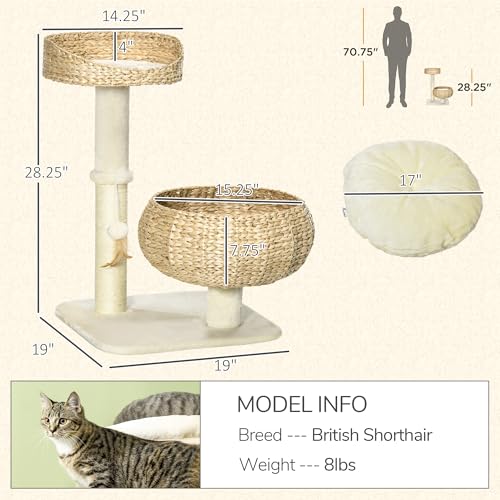 PawHut 28" Elevated Cat Bed with Sisal Scratching Post for Indoor Kitties, Modern Cat Tree with Cute Basket Design, Small Cat Tree with Fun Ball Toy