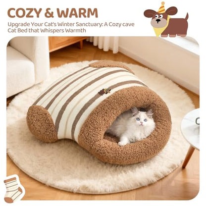 Jiupety Cat Sleeping Bag Cat Beds for Indoor Cats Self-Warming Dog Sleeping Bag Cozy Plush Portable Snuggle Sack Cat Bed Cave Machine Washable for Cats & Small Dogs,Brown Large