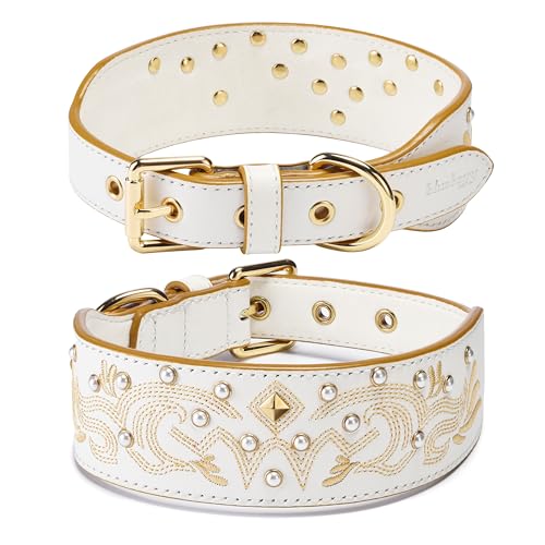Blueberry Pet Western Genuine Leather Dog Collar for Medium Breeds, Pearl White - Floral Embroidery, Pearl Studs, Adjustable 15-18 Inch Neck, Dog Collars for Medium Dogs - color: Pearl White, size: Medium