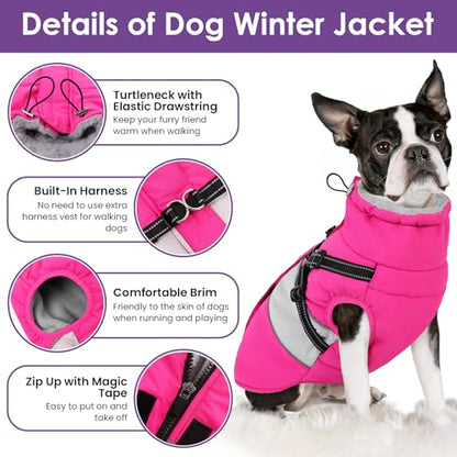 Small Dog Coat with Harness Built in, Warm Dog Jacket Winter with Zipper On Back, Waterproof Pet Snow Jacket Snowsuit Pet Sweater Clothes for Puppy, Hot Pink XS - color: Hot Pink, size: X-Small