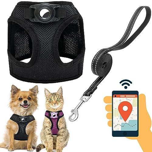 Dog Harness with Airtag Holder for Small Dogs, Puppy, Cats - No Pull Step in Small Dog Harness and Reflective Dog Leash Set for Walking Training Travel Grooming Outdoor - color: Black, size: Medium