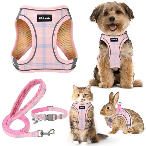Small Dog Harness Collar and Leash Set, Step in No Chock No Pull Soft Mesh Adjustable Dog Vest Harnesses Plaid Reflective for Dogs Puppy Cats Kitten Rabbit (Pink, XXXS) - color: Pink, size: XXXS