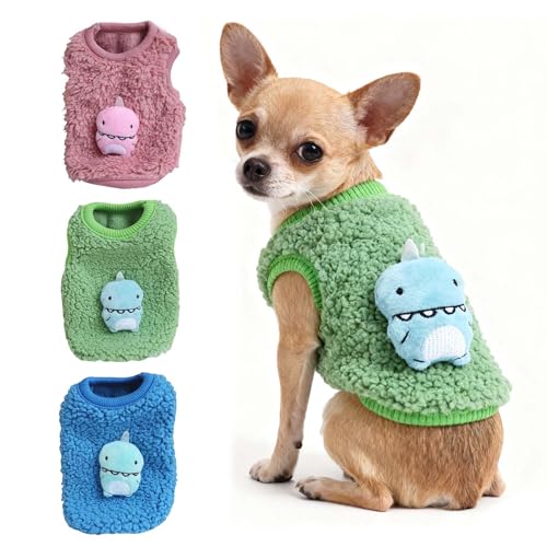 FLAdorepet 3 Packs Teacup Dog Cat XXS Clothes for Chihuahua Yorkie,Winter Warm Fleece Puppy Pet Clothes Sweater Shirt Vest for Mini Newborn Extra Small Dogs (Cute Dnosaur, XXS(Pet 1-2LBS)) - color: Cute Dnosaur, size: XXS(Pet 1-2LBS)