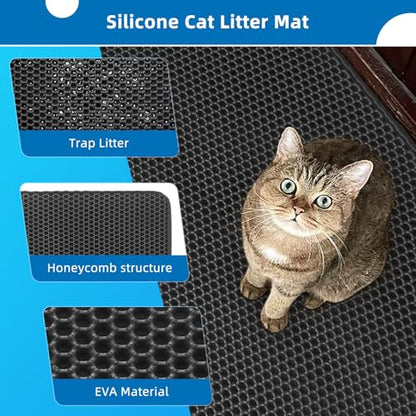 Cat Litter Mat for Indoor Cats Eva Double-Layer Litter Box Mat Washable for Easy Cleaning Cat Rug Collects Litter and Prevents Liquid Leakage (Black, 23.6×15.7inch) - color: Black-23.6×15.7inch