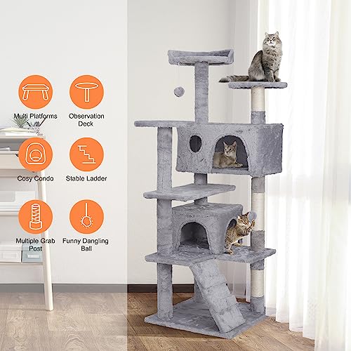 Nova Microdermabrasion 54 in Cat Tree Tower for Indoor Cats Multi-Level Cat Condo Cat Bed Furniture with Scratching Post Kittens Activity Center - color: Light Grey