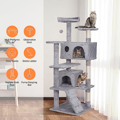 Nova Microdermabrasion 54 in Cat Tree Tower for Indoor Cats Multi-Level Cat Condo Cat Bed Furniture with Scratching Post Kittens Activity Center - color: Light Grey