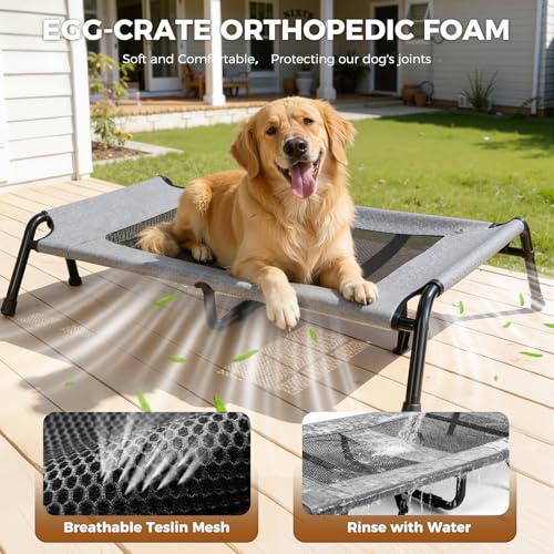 Outdoor Elevated Dog Bed,Raised Dog Beds for Large Dogs, Washable Dog Cot with Headrest Sides, Non-Skid Feet,Breathable Mesh,Cooling Pet Beds for Indoor or Camping - size: 43.3"L x 32.3"W x 12.2"Th