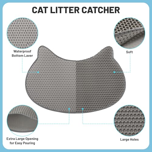 Eggloa6 Cat-Head Cat Litter Mat, Waterproof Kitty Litter Trapping Mat, Double Layer Mat, Easy to Clean, Dark Gray
