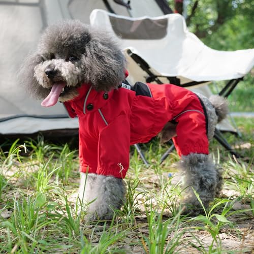 LOVELONGLONG Fleece-Lined Dog Raincoat with Removable Hood – Waterproof Winter Full Body Dog Jacket – Windproof Snowproof Cold-Weather Suit – Red-F XXS - color: Red-Fleeced, size: XXS (Back 9")