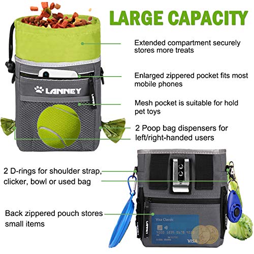 Dog Treat Pouch - 3 Ways to Wear Dog Treat Bag, Dog Training Treat Pouches for Pet Training with Clicker, Shoulder Strap, Adjustable Belt, Poop Bag Dispenser, Easily Carrying Kibble Snacks Pet Toys - color: Pouch(Gray with Green)+Clicker