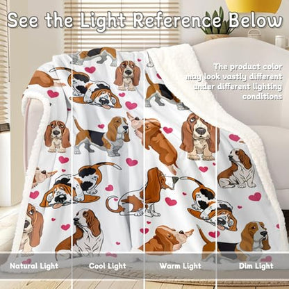 BlessLiving Basset Hound Blanket Queen Size 90x90 Inches - 3D Red Hearts Dog Print Plush & Sherpa Throw, Ultra Soft Cozy Fleece Blanket for Adults, Kids, Pet Lovers, Cute Puppy Gift - color: Basset Hound, size: Queen, 90 x 90 Inches