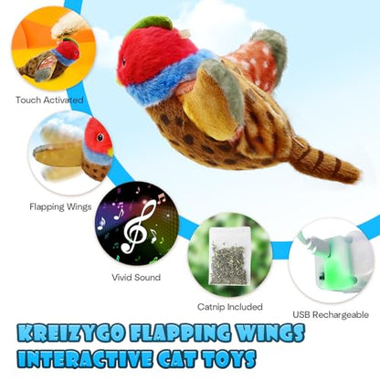 Cat Toys, Flapping Wings Pheasant, No Flying, Chirping Bird Interactive Catnip Toy for Kitten or Small Dogs, Touch Activated, Rechargeable - color: Pheasant