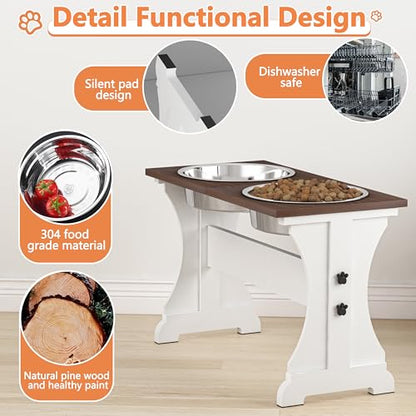 Elevated Dog Bowls,Farmhouse Dog Bowls Stand, Raised Dog Bowl with 2 Stainless Steel Wooden Dog Bowl 12 Cups 15.7''H 90 OZ Bowl-Farmhouse Style - color: Farmhouse Style, size: 12 Cups 15.7"H_90 oz Bowl