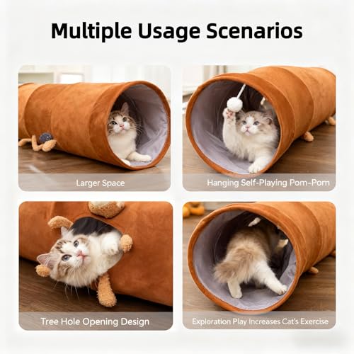 Cat Tunnel for Indoor Cat Tube Collapsible Cat Tunnel Bed with Hanging Ball,Play Tunnel for Kitten,Kitty,Puppy,Rabbit,Funny Interactive Cat Toy Gift for Cat Lover(Bear,31.5″x10″x10″) - size: M(31.5 x 10 x 10 Inch)