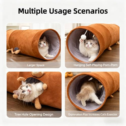 Cat Tunnel for Indoor Cat Tube Collapsible Cat Tunnel Bed with Hanging Ball,Play Tunnel for Kitten,Kitty,Puppy,Rabbit,Funny Interactive Cat Toy Gift for Cat Lover(Bear,31.5″x10″x10″) - size: M(31.5 x 10 x 10 Inch)
